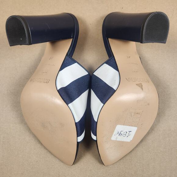 Paris Valtadoros Striped Mule Heels Women’s SZ 37 (US 6) Navy/White Block Heel - Picture 10 of 13